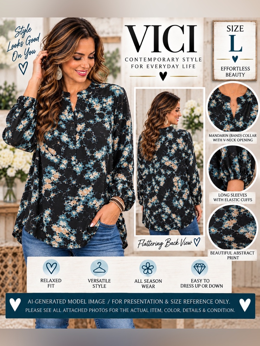 VICI Black Blue Abstract Draped V-Neck Long Sleeve Blouse L